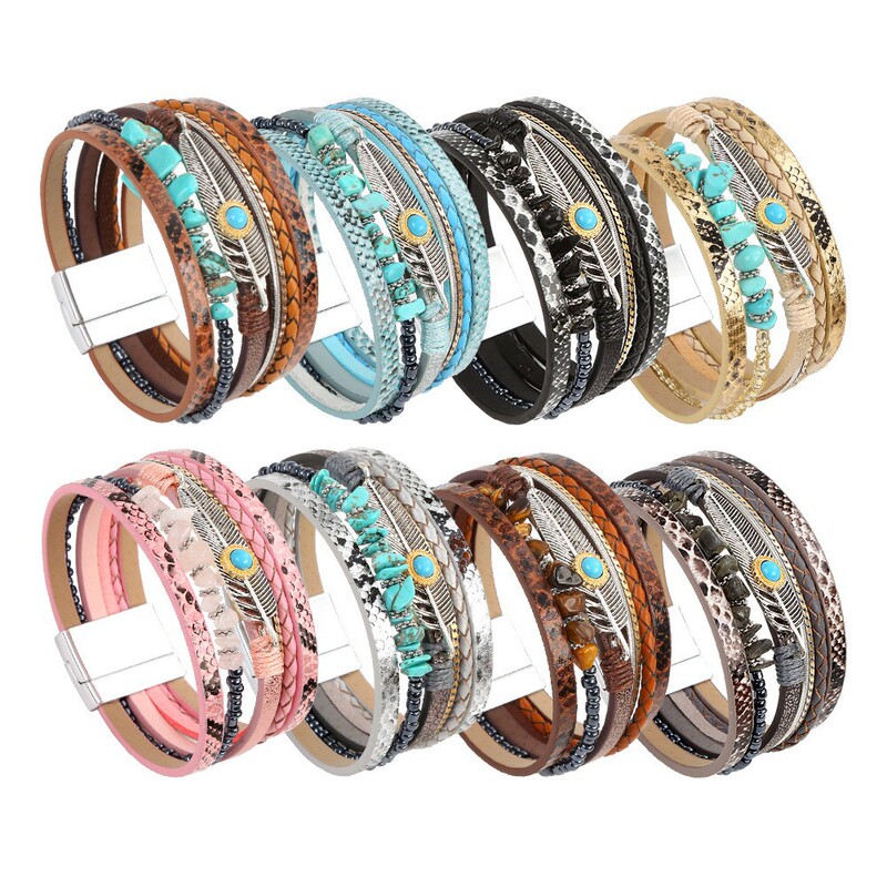 Cross-Border Hot Style Retro Ethnic Style Braided Bracelet Turquoise Multi-Layer Bohemian Magnet Buckle Feather Bracelet