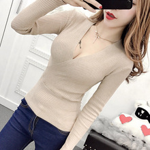 低胸打底衫女士秋冬内搭性感毛衣收腰显瘦紧身交叉深v领针织上衣