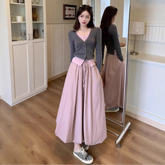 温柔风套装女秋季甜辣假两件撞色短款针织衫上衣花苞半身裙两件套