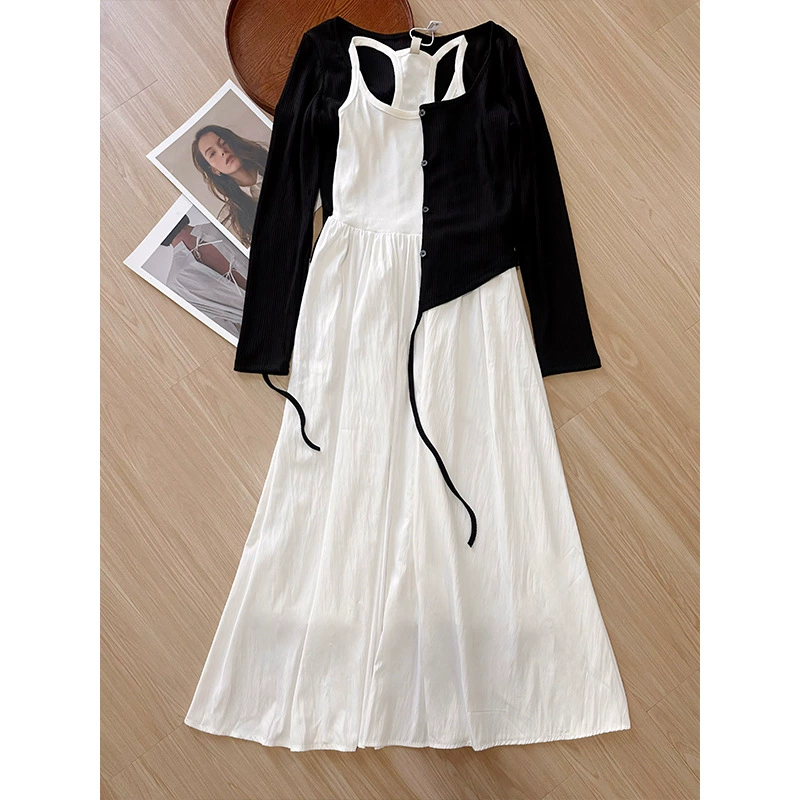 Autumn Women's Dress Set, Korean Style Long Skirt with Cardigan, Lightweight Layering