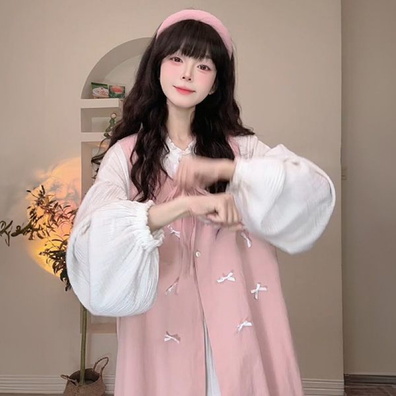 两件套装日系甜美温柔风蝴蝶结粉色背心连衣裙女学生叠穿内搭长裙|undefined