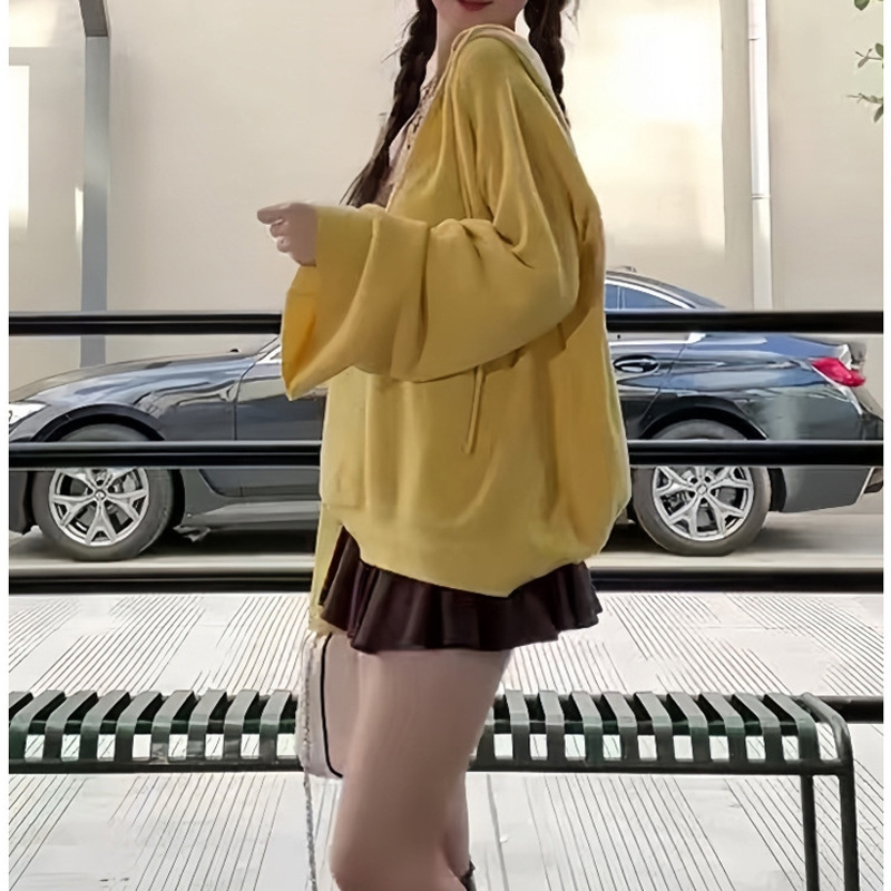 多巴胺连帽长袖针织衫女秋冬穿搭慵懒风 v领毛衣宽松休闲韩系上衣|undefined