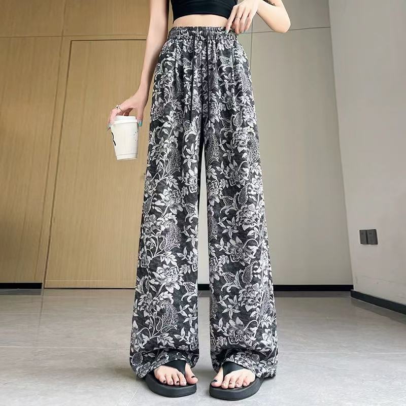 夏の女性向けの新しいレトロプリントワイドレッグパンツ、レイジーハイウエスト、ゆったり、スリム、ストレートレッグ、ポケットなしパンツ|undefined