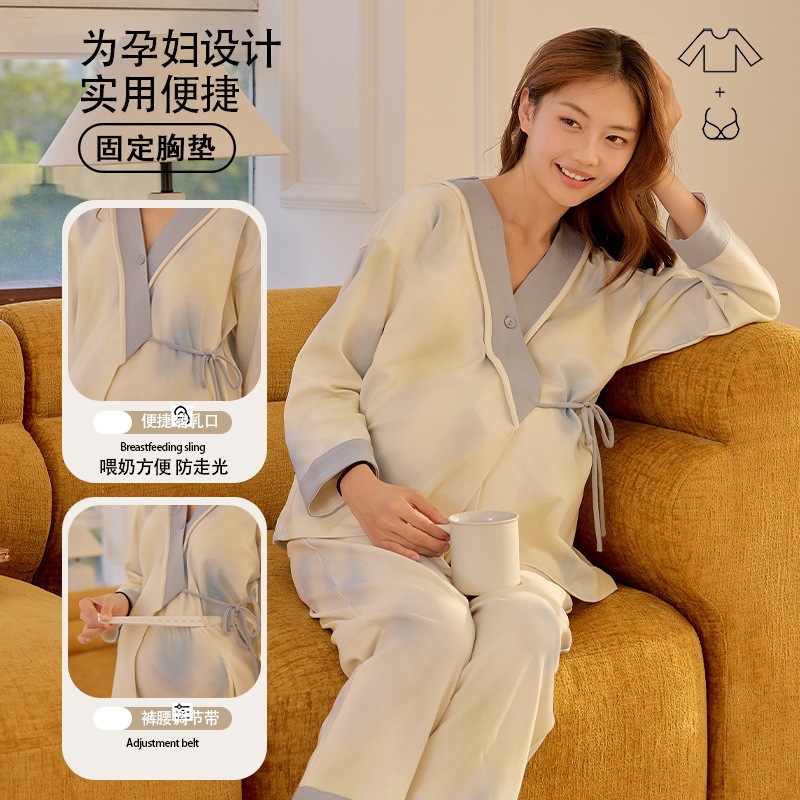 带胸垫月子服秋冬季产后大码孕妇睡衣产妇坐月哺乳喂奶家居服套装|undefined
