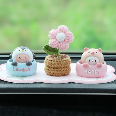 Cute Cartoon Shaking Head Other Automotive Interior Supplies - penguin-pig-plush-puff-flower-pink-flower-cushion