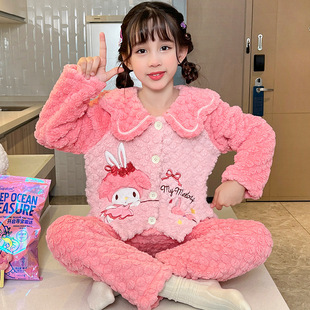 Children's Pajamas Girls' Fall/Winter Flannel Warm Thickened fleece-lined Cartoon Boys' Coral Fleece Middle and Large Children's Home Clothes