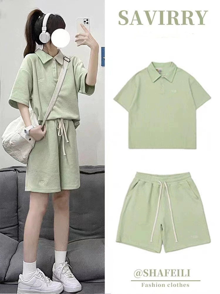 Новый летний модный спортивный костюм с воротником-поло, женские шорты с короткими рукавами в Корейском стиле, Свободные Студенческие бегуны из двух частей