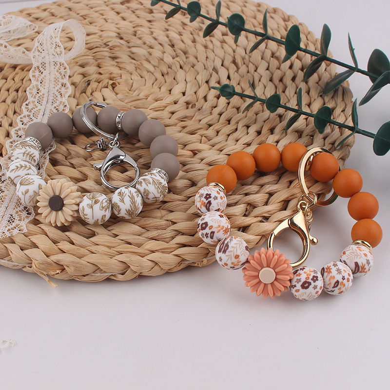 Ins Style Daisy Silicone Key Bracelet Colorfulful Silicone Beads Handmade Gift Key Ring Pendant
