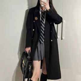 青梅学院风黑色双排扣毛呢大衣外套女中长款小个子JK制服秋冬季