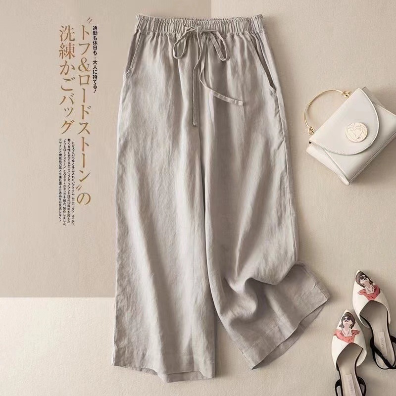 Cotton and Linen Drapey Wide-Leg Pants for Women, Artistic Retro Loose Versatile Casual Pants, Solid Color, Thin Summer Style, 2024 New Model