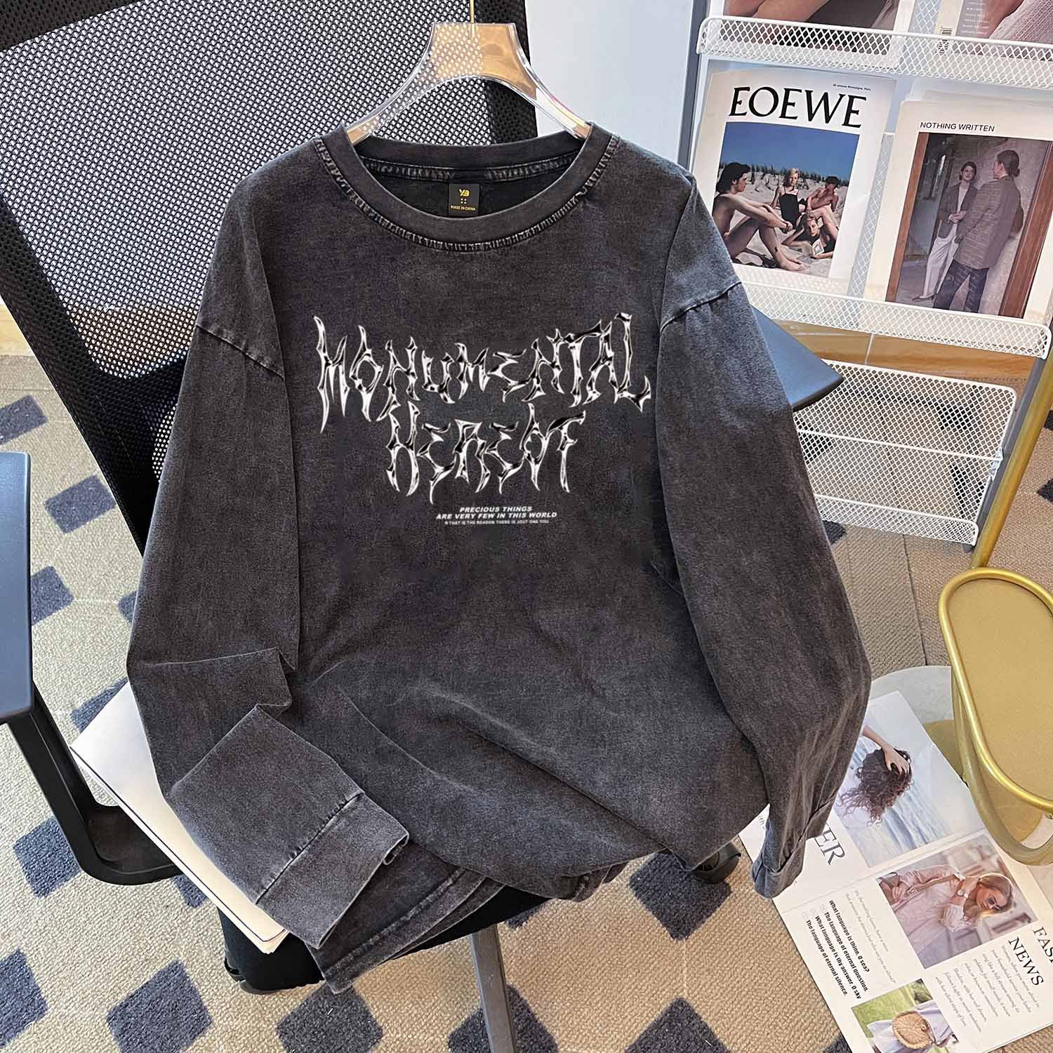 美式洗水做旧长袖体恤女水洗复古纯棉宽松休闲百搭圆领卫衣ins潮