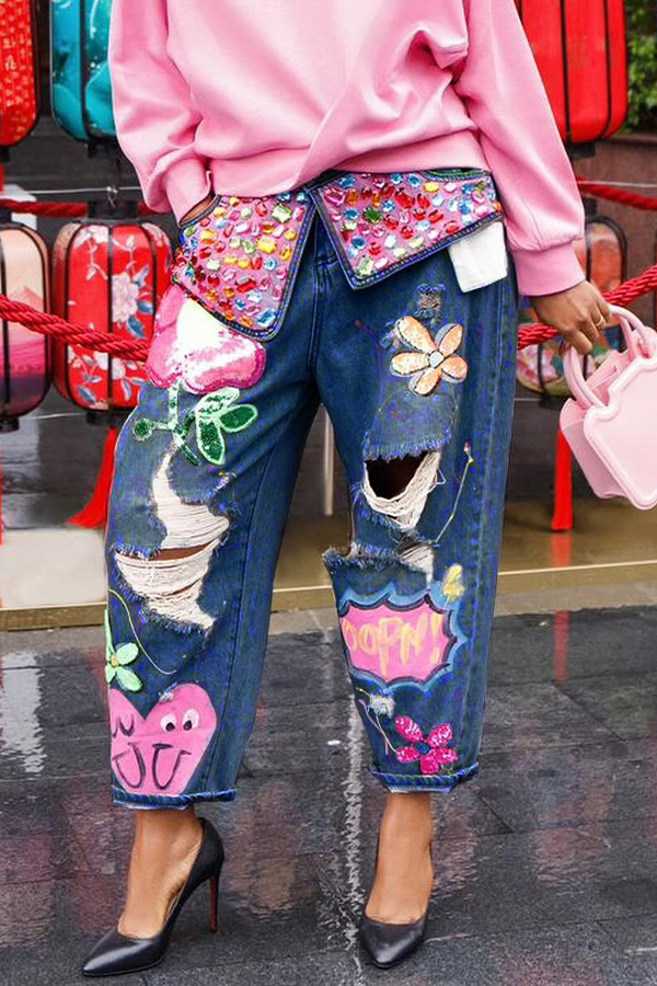 Vaqueros mujer rectos con estrás y estampado cintura alta_voghion.com