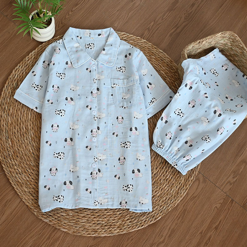 파란색 찹쌀 개 반팔 바지