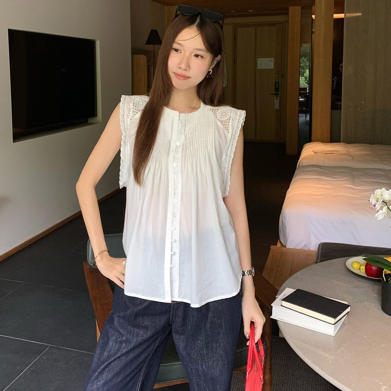 Real Shot of Cotton Lace Button-Down Round-Neck Sleeveless Shirt for Women, Summer 2026 New French-Style Top