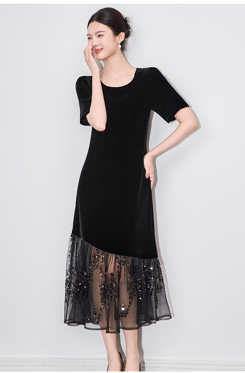 Đầm maxi nữ thắt eo phối lưới đính sequin và nhung — Màu đen chi tiết 7