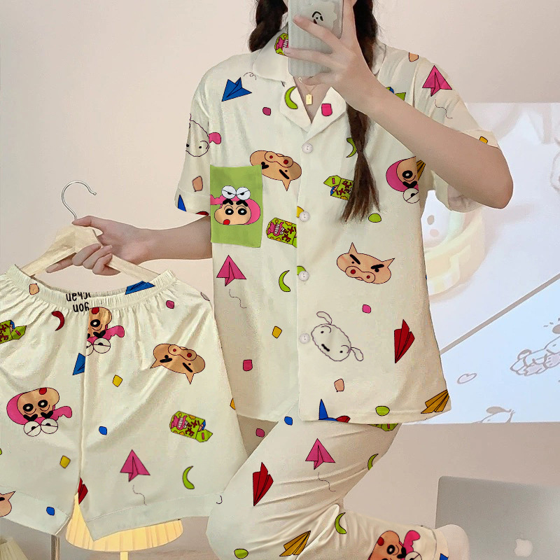 Japanese Casual Simple Pajamas for Women Thin Cartoon Crayon Shin-Chan Short-Sleeved Three-Piece Suit Cute Home Clothes Wholesale Japanese Casual Simple Pajamas for Women Thin Cartoon Crayon Shin-Chan Short-Sleeved Three-Piece Suit Cute Home Clothes Wholesale