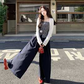 韩系格子吊带开衫套装女2026夏季新款气质休闲风时尚阔腿裤三件套