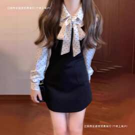韩系氛围感假两件波点绑带连衣裙子女装春季小个子穿搭钓系约会裙
