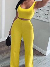 Womens Solid Scoop Neck Crop Tank Top Elastic Waist Pants