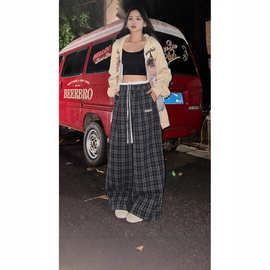 美式ins复古格子裤女春秋季宽松双腰头阔腿休闲直筒垂感拖地长裤