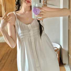 法式温柔蕾丝花边v领吊带裙夏日新品少女开衫舒适宽松家居服睡裙