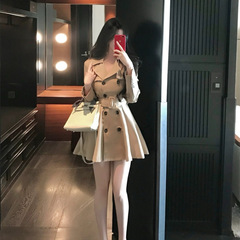 韓国版の大きいサイズの婦人服春と秋の新しいハイエンドスリムドレスウインドブレーカー紅葉気質ロングコートカーキ