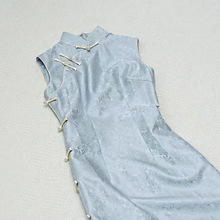 夏季新中式国风立领盘扣无袖改良旗袍气质优雅水蓝色温柔风连衣裙