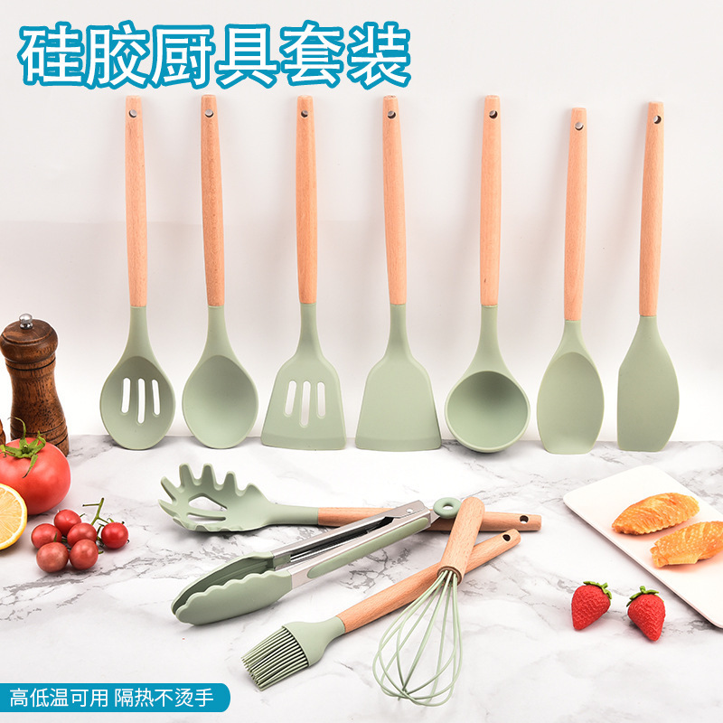 厂家批发硅胶厨具12件套装厨房烹饪木柄锅铲收纳用跨境热销套装|undefined