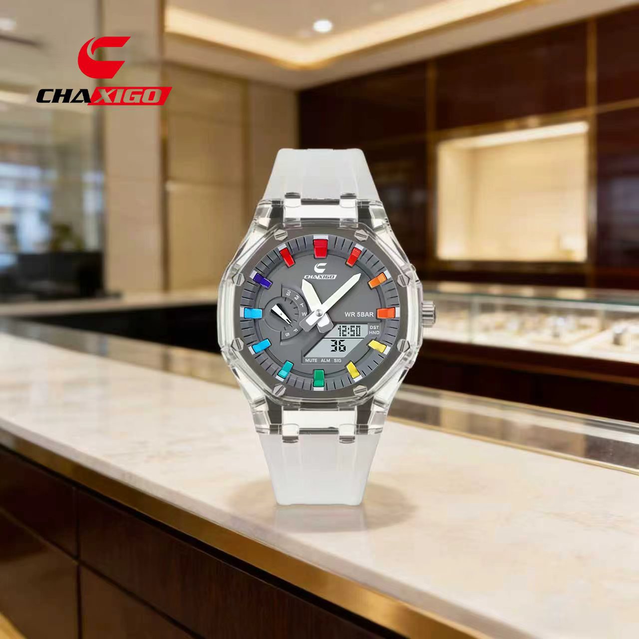 Chaxigo Transparent Ice-Like Trendy Electronic Watch with Colorful Scale and Dual Display Design, a Must-Have for Sports, Leisure, and Commuting