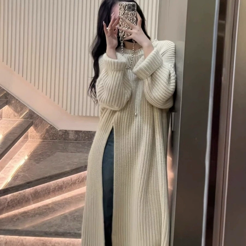 2024 новый длинный ленивый стиль французское платье-свитер женское осеннее новое платье с открытой вилкой средней длиной трикотажное платье