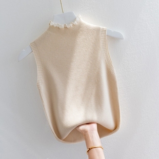 Spring and Summer Mid-Collar Knitted Sleeveless Vest for Women, Half-High Collar Lace Splicing, Ear-Shaped Collar, Soft Waxy Cashmere Top