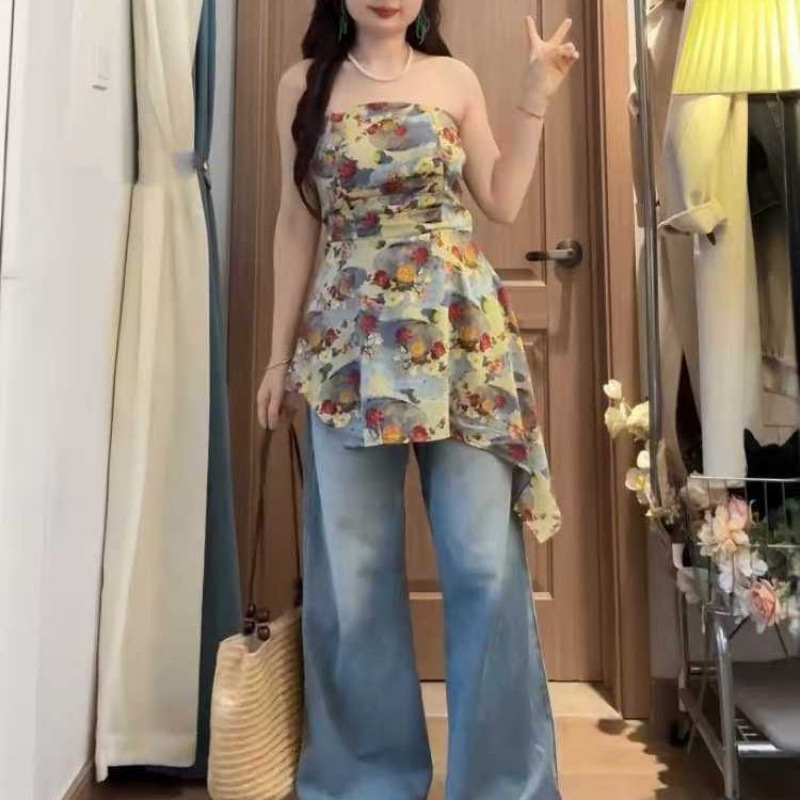 大码胖mm法式复古油画抹胸女夏季吊带背心修身不规则设计甜辣上衣