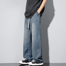 蓝色牛仔裤男款复古做旧美式夏季宽松直筒长裤新款垂感阔腿裤