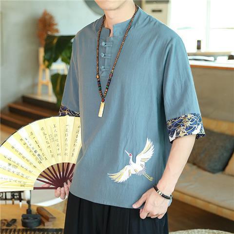 中国風tシャツ男性夏の薄いツル刺繍綿麻半袖tシャツ男ゆるい盤ボタン五分半袖男|undefined