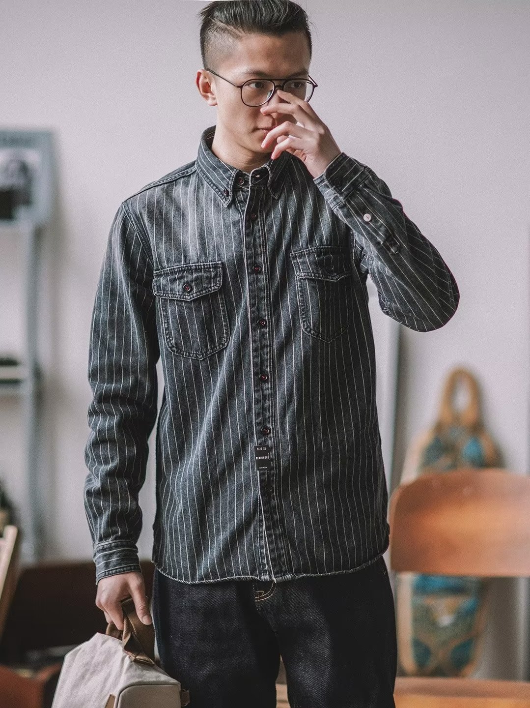 Herren Denim Hemd Japanischer Retro Style Langarm Gestreift_voghion.com