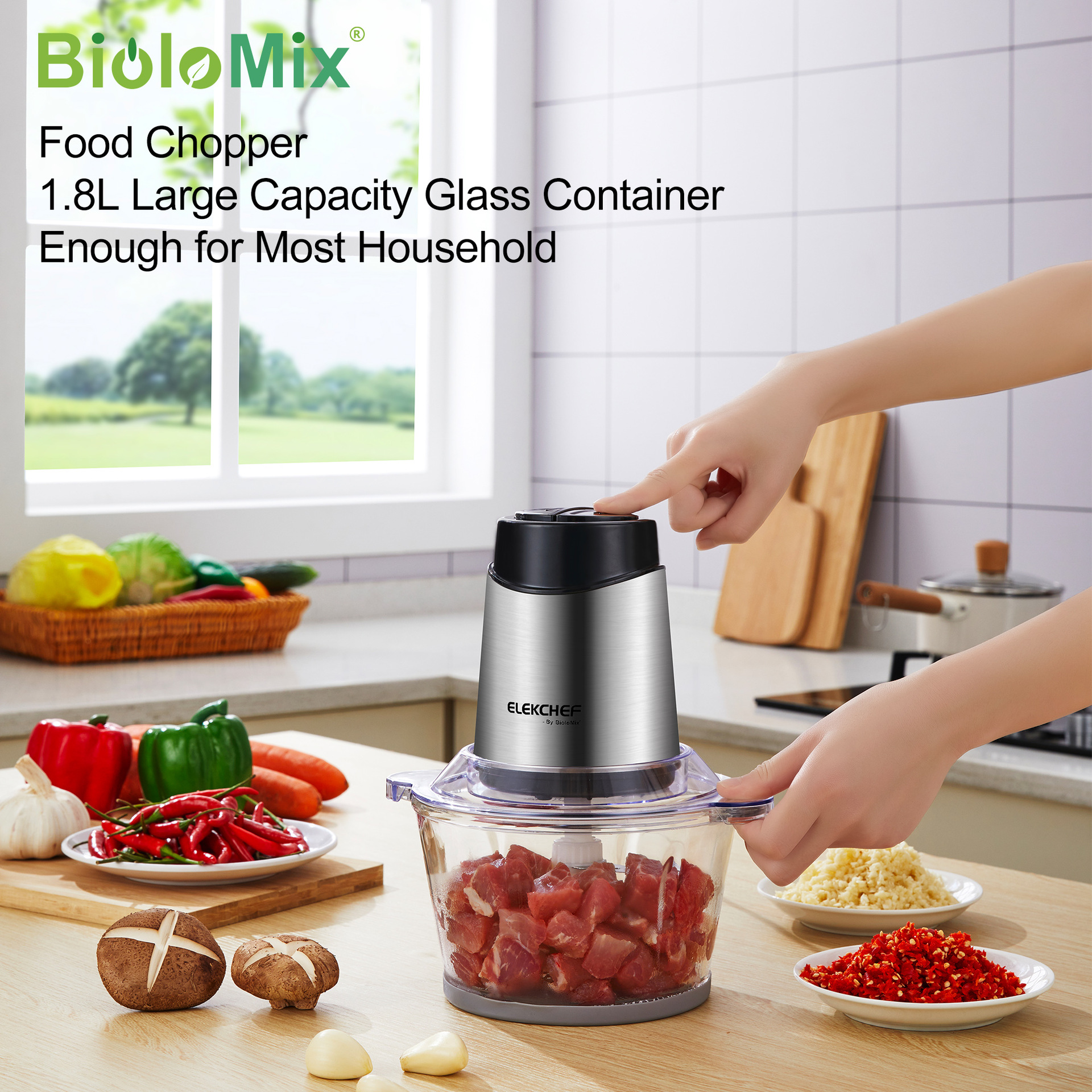 BioloMix Picadora de carne 2L de gran capacidad de dos velocidades tazón de vidrio picadora de carne máquina de alimentos Meat Grinder