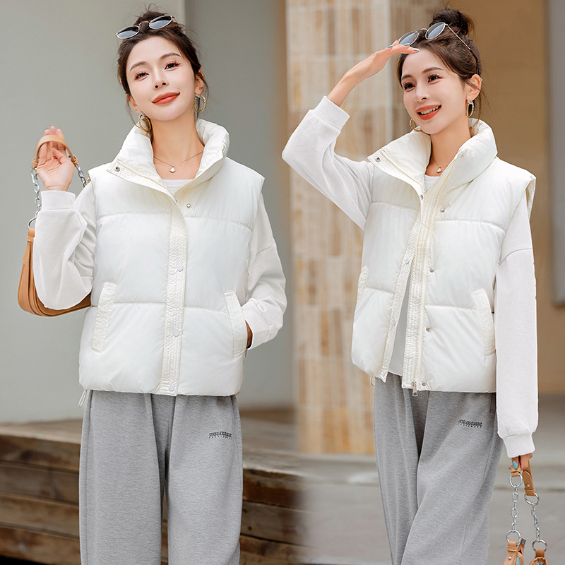 Chaleco de algodón de pluma para mujeres 2024 otoño y invierno nuevo estilo coreano de algodón suelto hombro collar de collar de algodón de color sólido chaleco