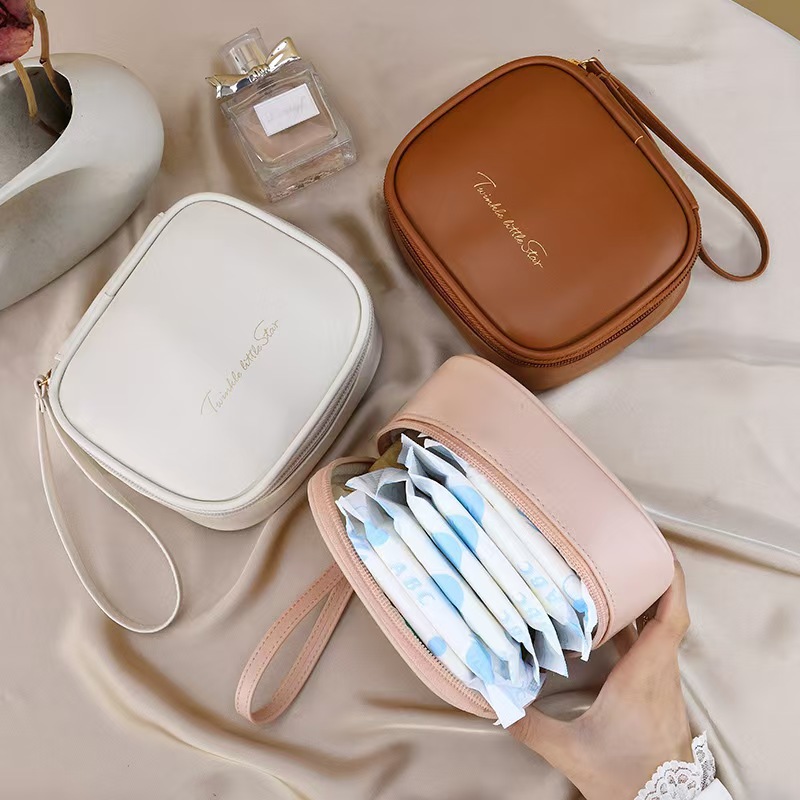 新款PU迷你随身便携姨妈巾收纳包防水手提多功能奶油口红化妆包
