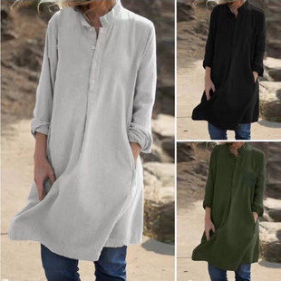 2025wish Amazon AliExpress cross-border autumn and winter new cotton and linen stand collar open barrel button long sleeve dress women