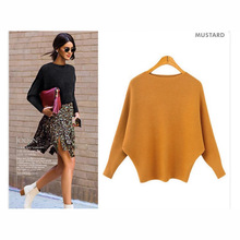 亚马逊爆款速卖通秋冬新款一字领蝙蝠袖针织衫大码女式套头打底衫