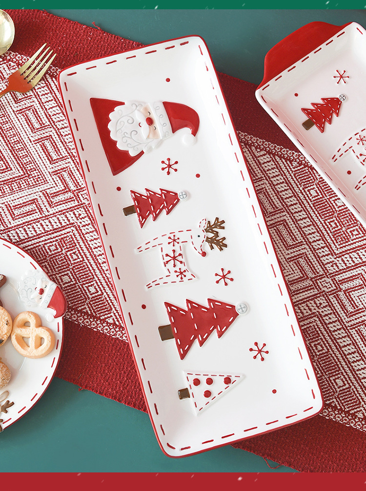 Nordic Santa Claus ceramic plate fish plate household tableware double ear long plate relief dish plate western style ceramic flat plate_voghion.com