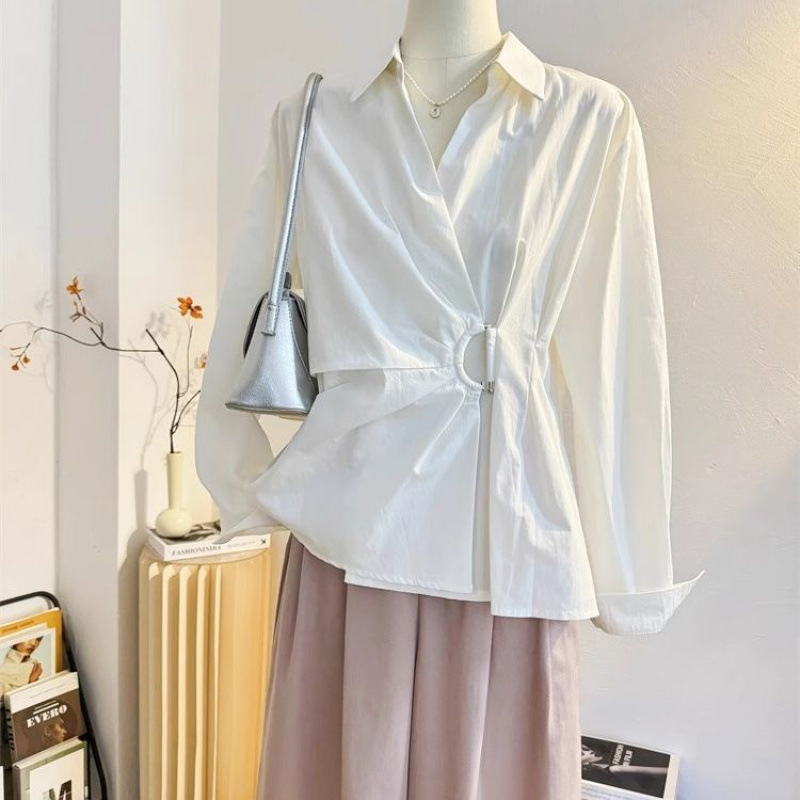 Unique Design Waist-Cinching White Long-Sleeve Shirt for Women 2025 Spring French Commuter Shirt Elegant Blouse Top