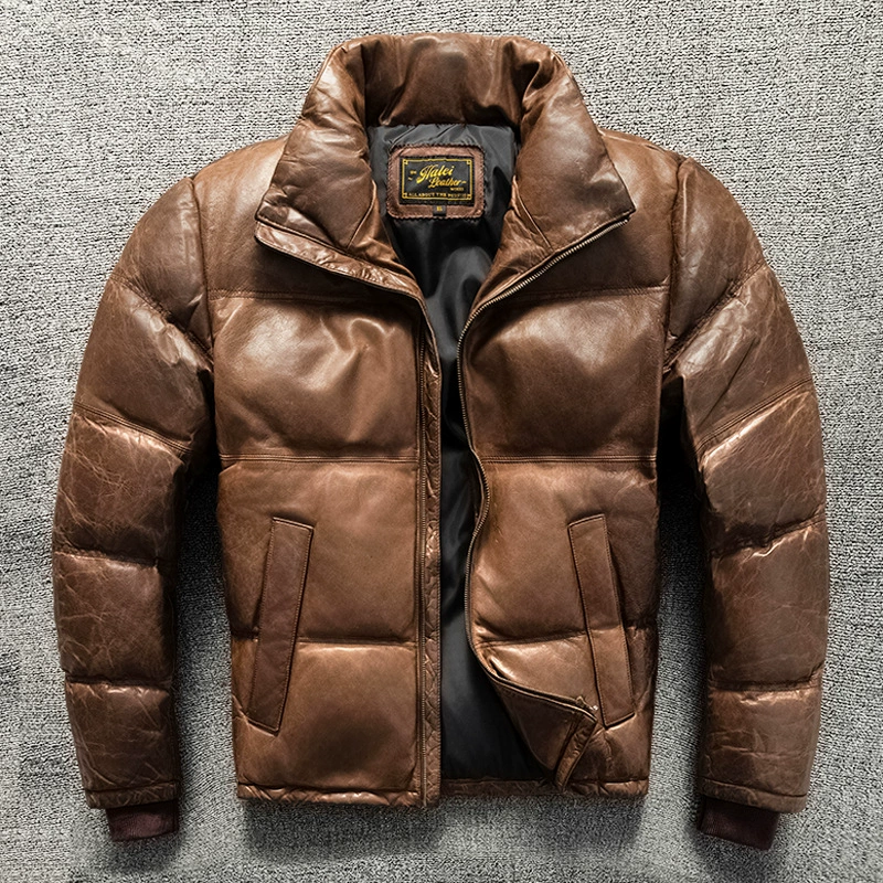 Short keep warm universal winter down jacket, genuine leather
