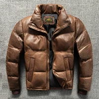 Short keep warm universal winter down jacket, genuine leather