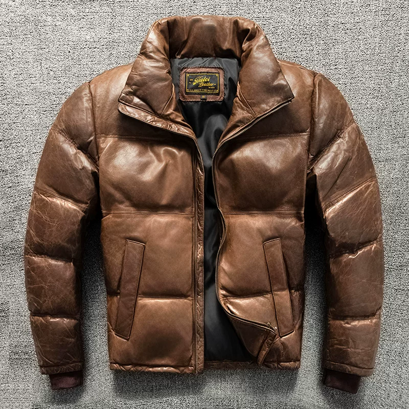 Short keep warm universal winter down jacket, genuine leather