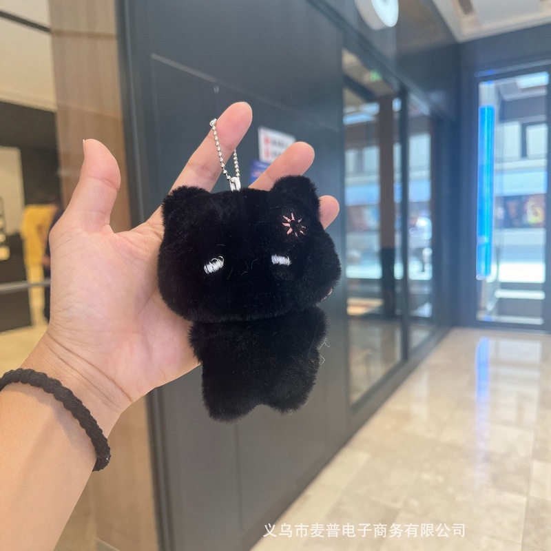 新款大眼黑猫吱吱叫小挂件毛绒公仔可爱黑色小猫猫钥匙扣情侣礼物|undefined