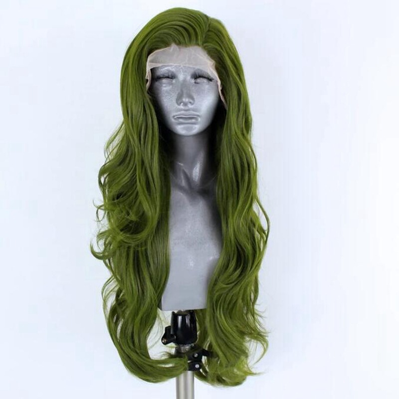 Dark Green Free-split Large Roll Front Lace Whole Top Wig Headgear High Temperature Silk Chemical Fiber Cross-border syntheticwig