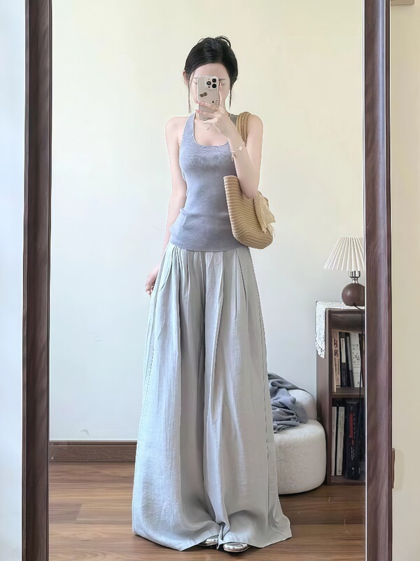 套装女2025秋季新款慵懒风修身挂脖吊带背心针织开衫高腰休闲长裤|undefined