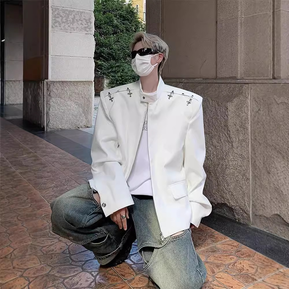 남성용 재킷, 남성용 신상품, 고급스러운 항공 버클 디자인, 스탠드 칼라, 블랙 슈트, 남성용 봄 코트