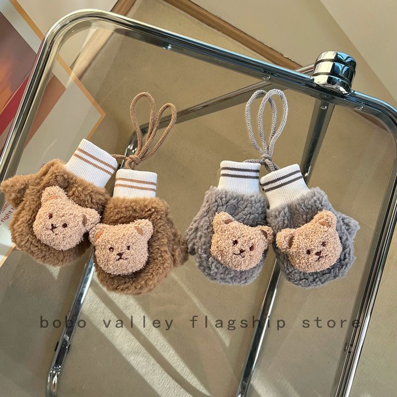 Korean Kidsren's Gloves Autumn and Winter Baby Bear Boy Fleece-Lined Warm Girl Halterneck Mittens Cute